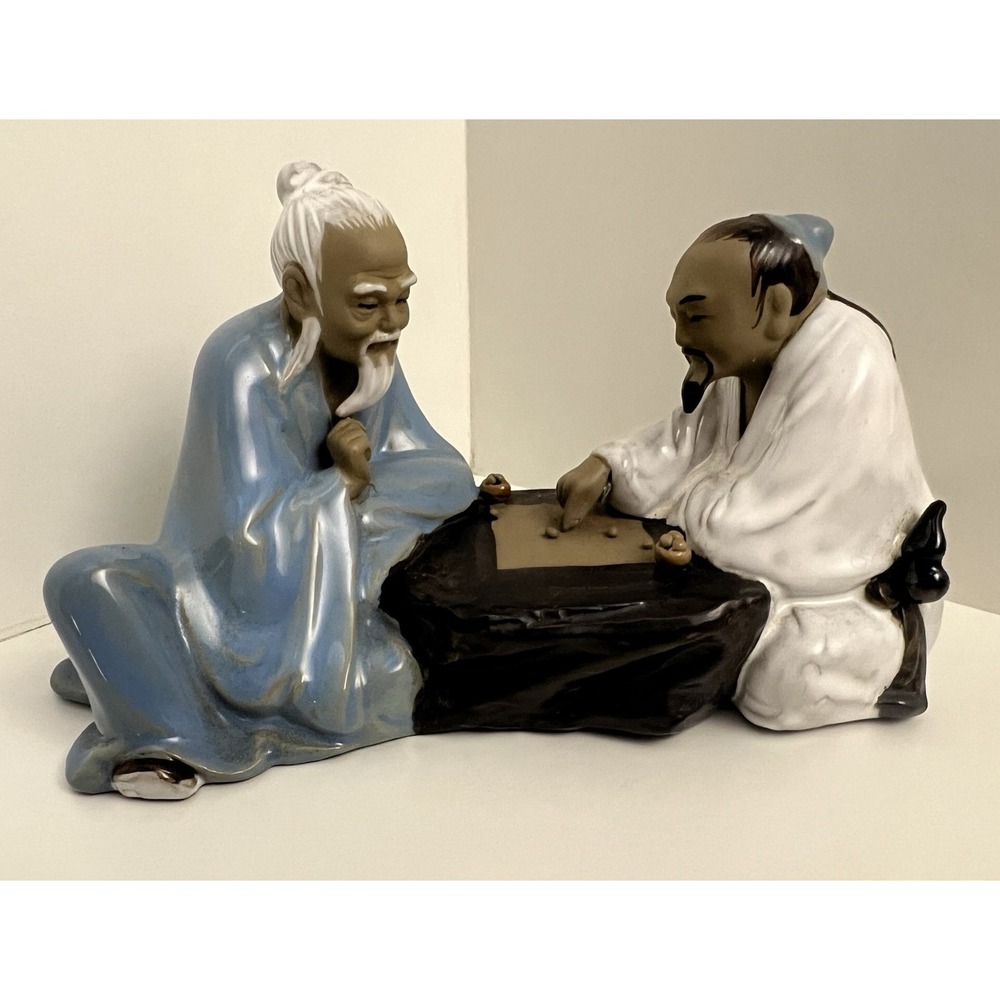 Shiwan Glazed Mudman Porcelain Statue Two Asian Men Playing a Board Game